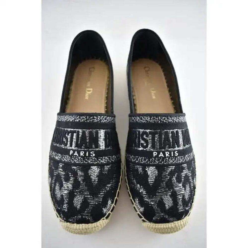 Dior Granville Mizza Lurex Embroidered Black Grey Silver Logo Espadrille Flat 37 - Picture 5 of 12